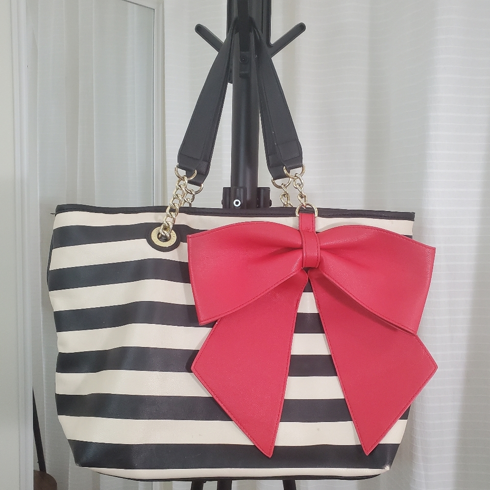 Betsey Johnson Black and White Striped Tote with Red Bow